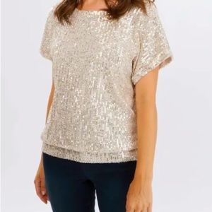 SHORT SLEEVE BEIGE SEQUIN TOP | FRANK LYMAN| Sz 6